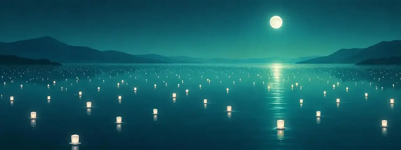 夜晚湖面上漂浮的月白灯笼 · 91在线吃瓜 CTA 背景
